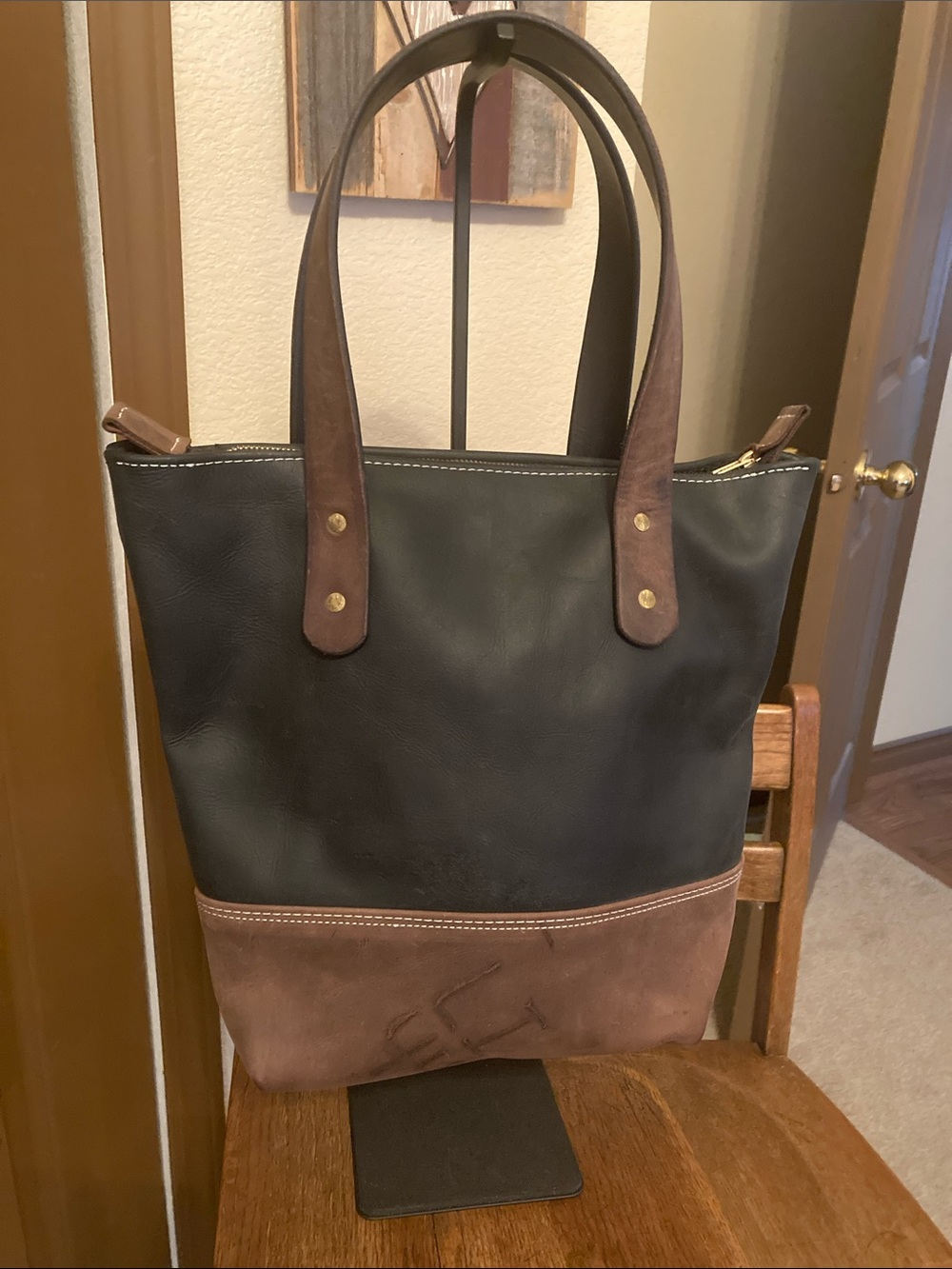 Two Tone Black/Brown Leather Shoulder Zip Tote with Brand NWOT